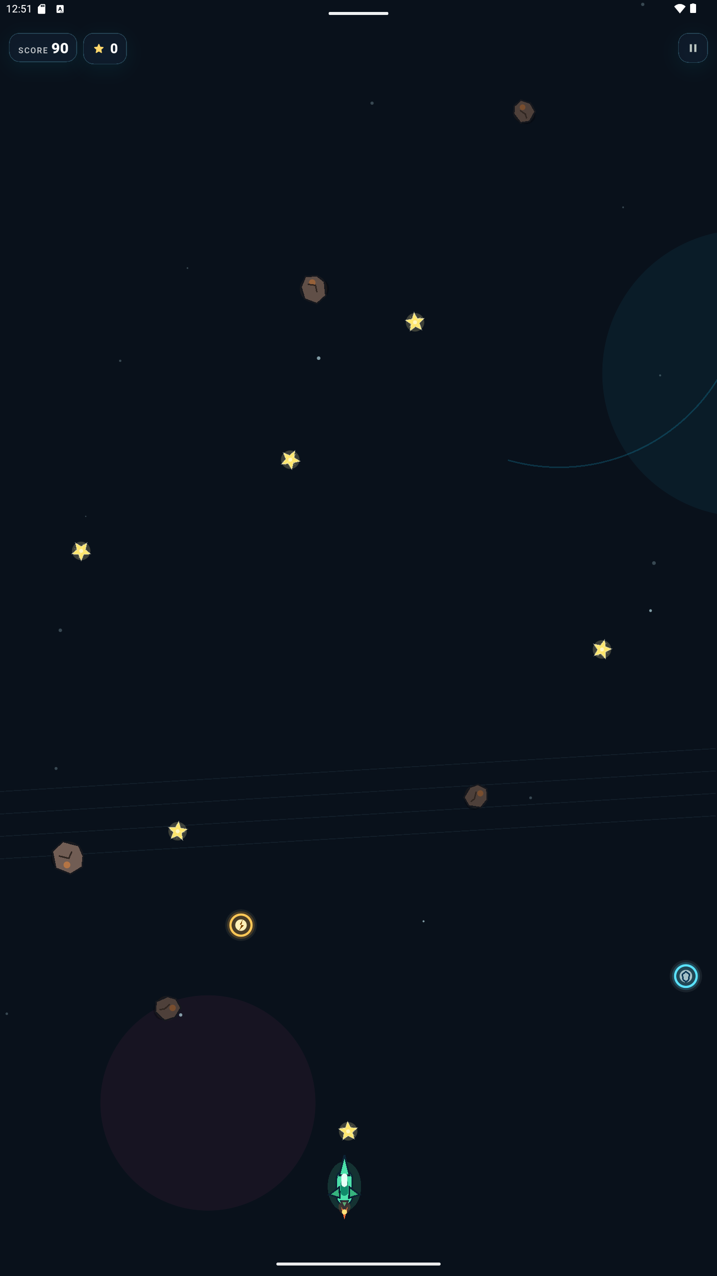 Rocket Road gameplay screenshot with a rocket in a space arcade level